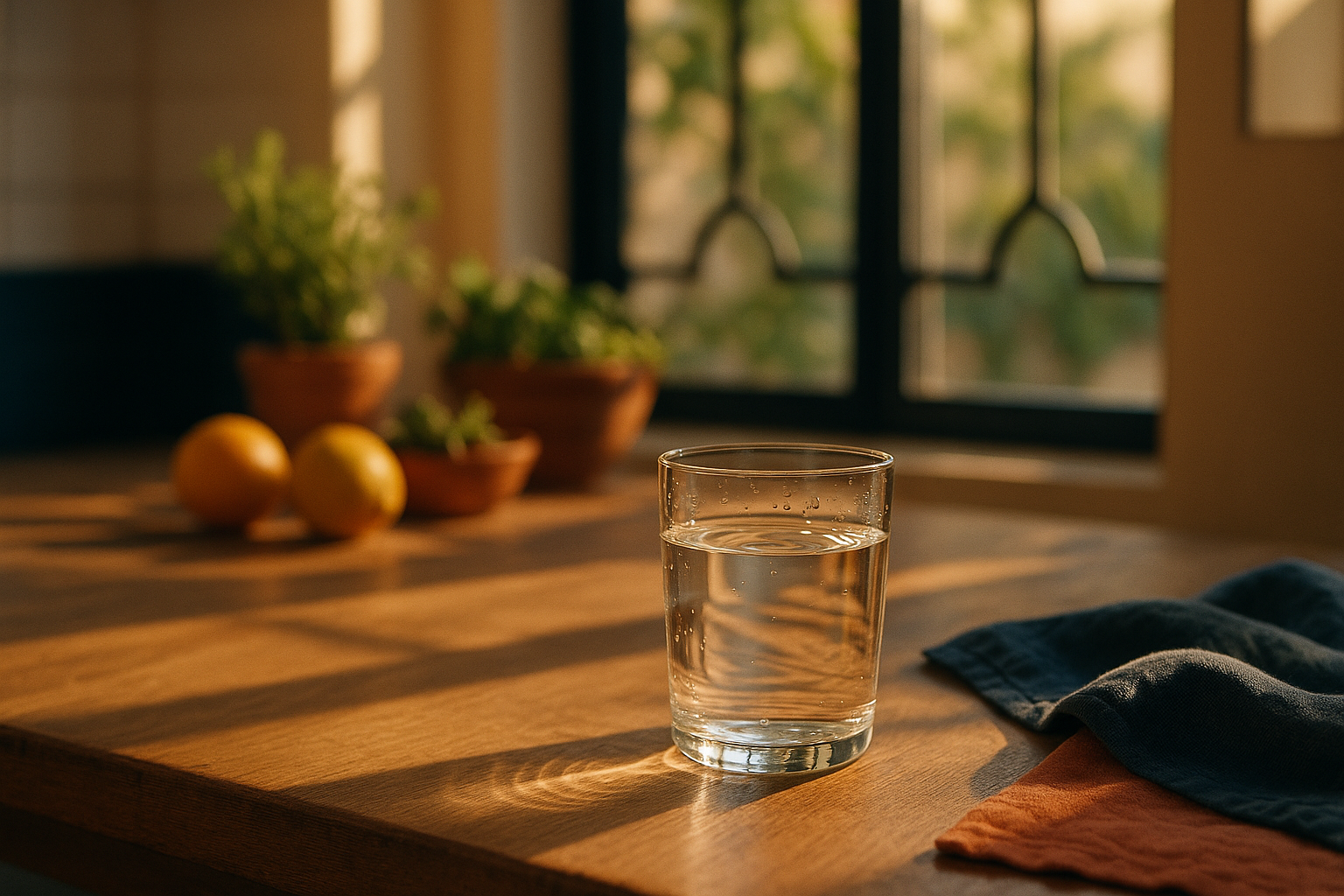 Mesa de madera de cocina mexicana con luz dorada de mañana, vaso de agua cristalina con gotas brillando, frutas cítricas y hierbas naturales desenfocadas al fondo, composición tranquila que evoca bienestar y claridad corporal sin elementos médicos fríos