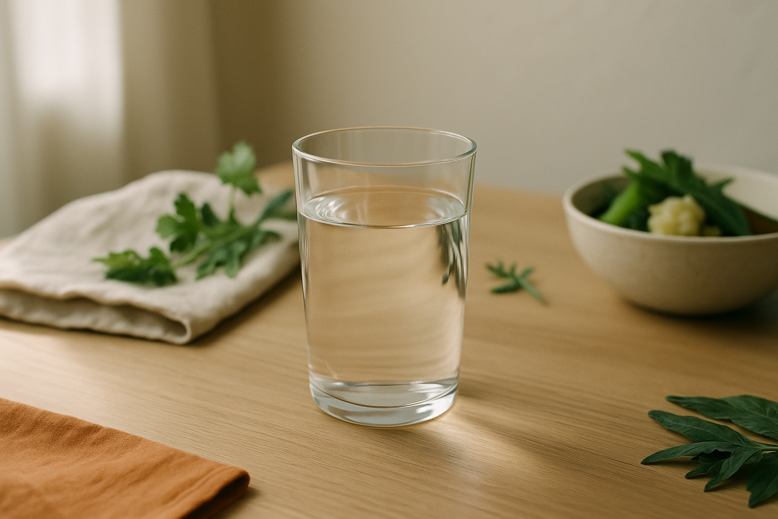 Mesa de madera clara bañada por luz natural matutina, con un vaso de agua cristalina al centro, decoración minimalista con elementos mexicanos sutiles como hierbas frescas y textiles en tonos crema, navy y terracota, sin presencia de personas ni manos, composición editorial que sugiere bienestar y nutrición integral