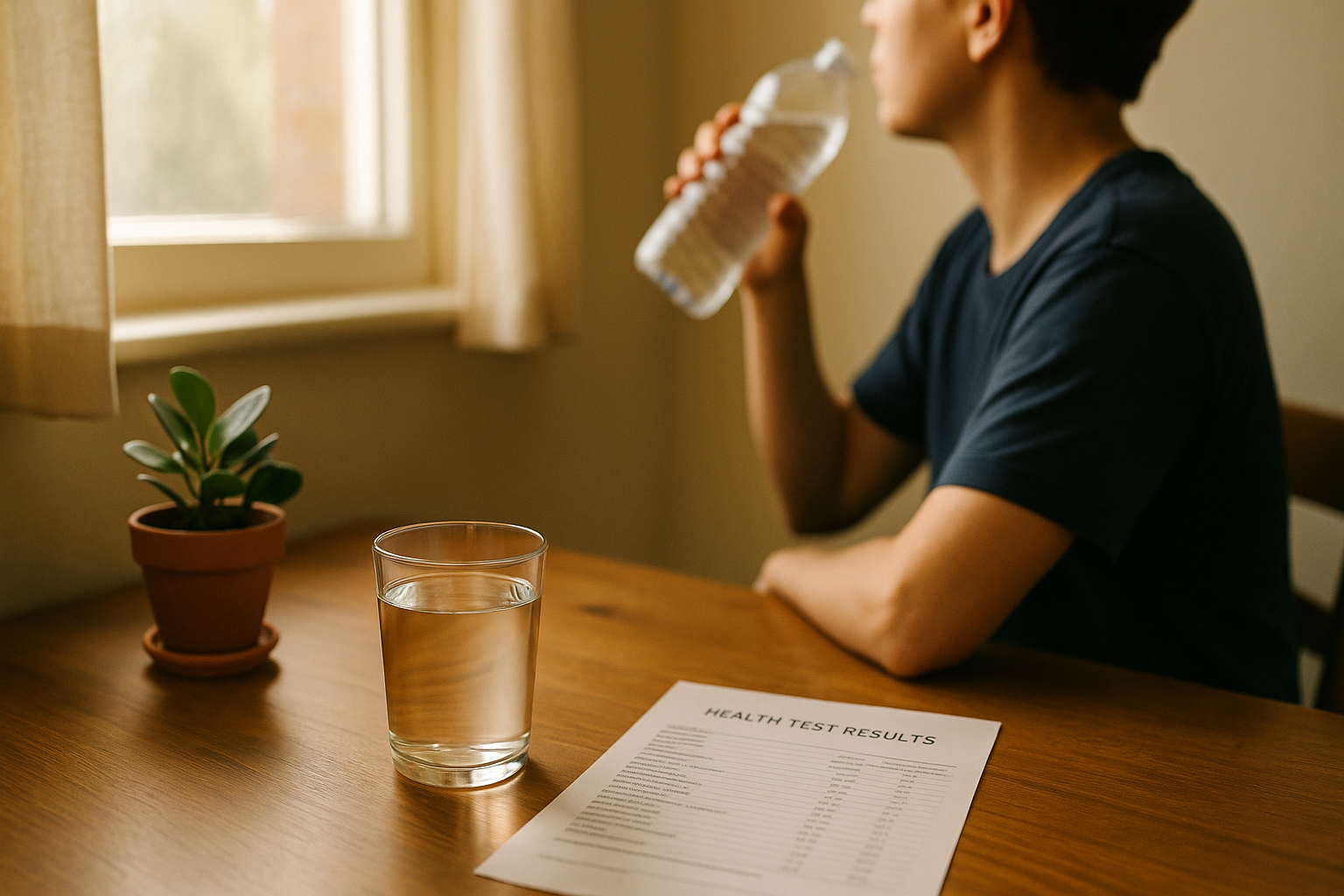 Fotografía editorial de estilo mexicano: mesa de luz natural matutina con vaso de agua cristalina, documento de análisis médico y una pequeña planta en maceta. Persona de espaldas tomando agua, paleta cálida en tonos crema, azul marino y terracota. Luz direccional suave sin clínica fría, composición serena y accesible sobre bienestar renal y prevención.