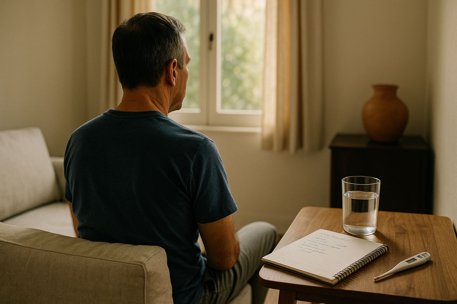 Hombre de mediana edad sentado de espaldas en un sofá beige junto a ventana con luz natural de mañana; mesa de madera con vaso de agua y notas de salud; interior mexicano minimalista con paredes crema, detalles navy y terracota; atmósfera calmada y reconfortante que transmite esperanza y claridad sobre decisiones médicas