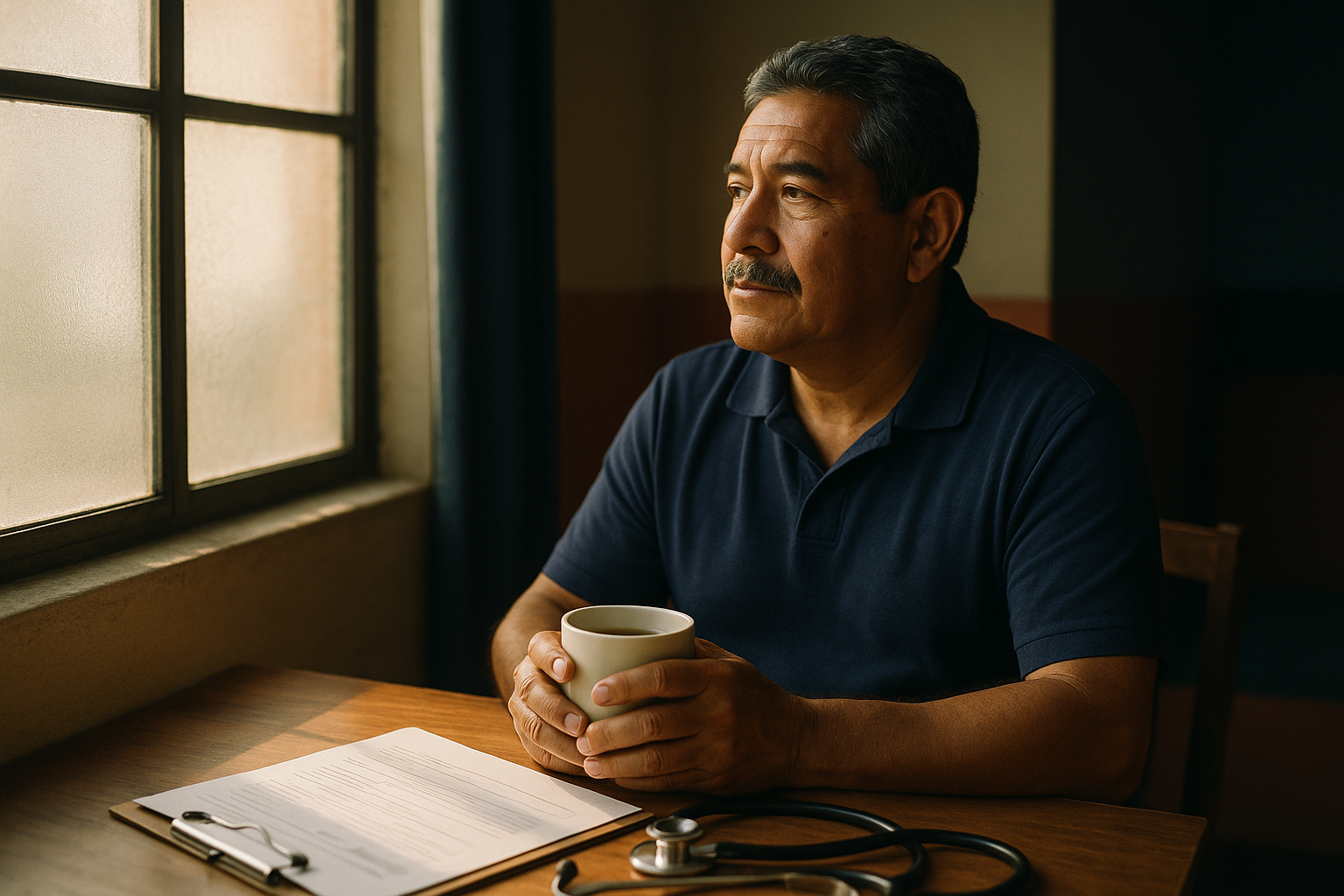 Hombre mexicano maduro en su hogar durante la mañana, sentado junto a una ventana con luz natural suave, reflexionando con una taza de té en las manos. Composición editorial de bienestar y toma de decisiones informadas sobre la salud, tonos navy y terracota, atmósfera cálida y humana.