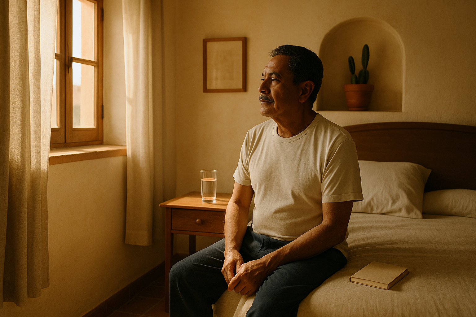 Hombre mexicano de mediana edad en su habitación al amanecer, sentado en la cama con expresión serena, luz natural cálida entrando por la ventana, vaso de agua en el buró de madera, momento tranquilo de reflexión sobre la salud personal.