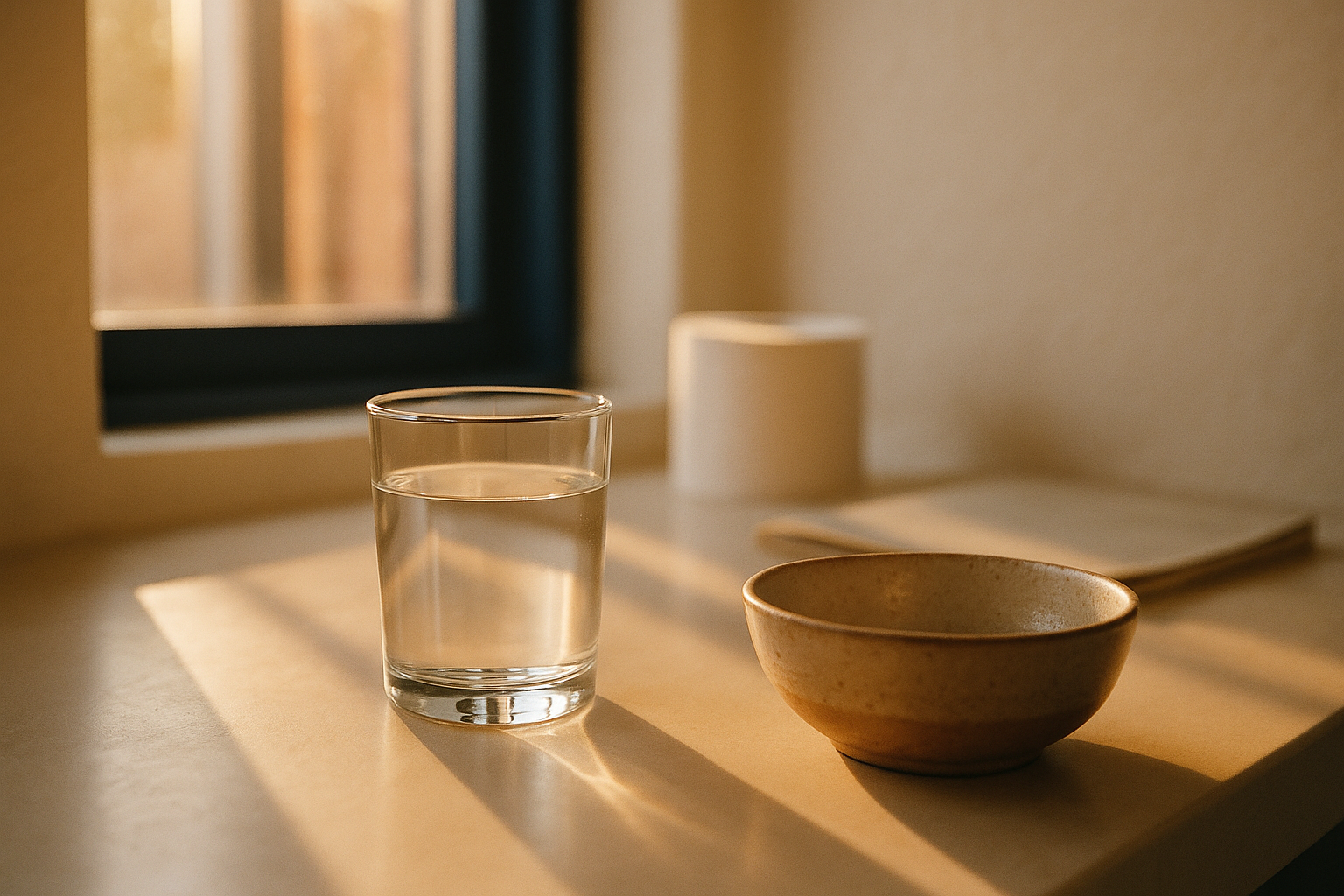 Escena minimalista matutina en baño mexicano: vaso de agua filtrada y cerámica artesanal sobre superficie clara, luz natural dorada por ventana, fondo desenfocado con elementos de autocuidado. Fotografía editorial cálida sin texto, tonos crema, azul marino y terracota que refleja intimidad de salud digestiva familiar.