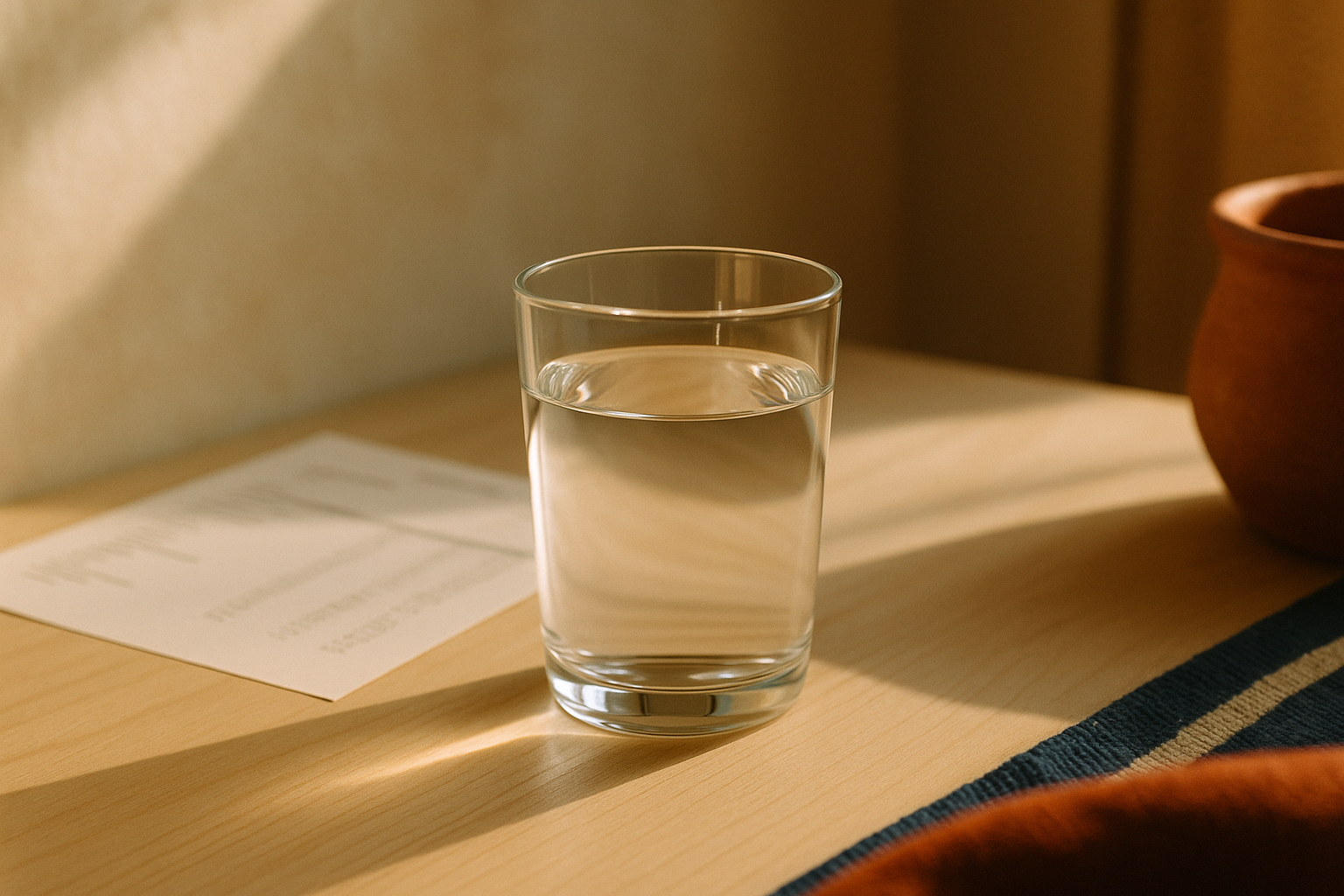 Mesa de madera clara con un vaso de agua cristalina bajo la luz natural de la mañana en un hogar mexicano cálido. Documento médico desenfocado al fondo sugeriendo análisis de sangre. Tonos crema, azul marino y terracota. Composición editorial sin rostros ni manos. Luz suave y natural que refleja en el vidrio.
