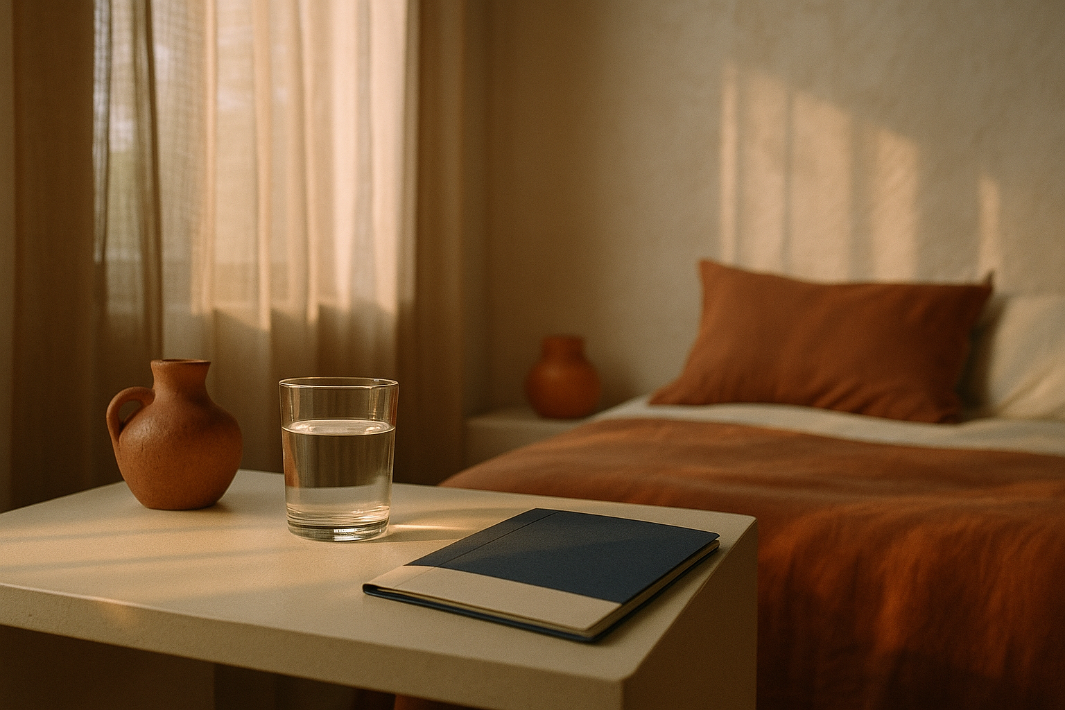 Escena matutina en una recámara moderna con luz natural suave, mesa de noche minimalista con un vaso de agua cristalina, reporte médico en tonos navy y crema, texturas de cerámica artesanal mexicana, atmósfera de bienestar y reflexión matinal, luz cálida de amanecer filtrada suavemente