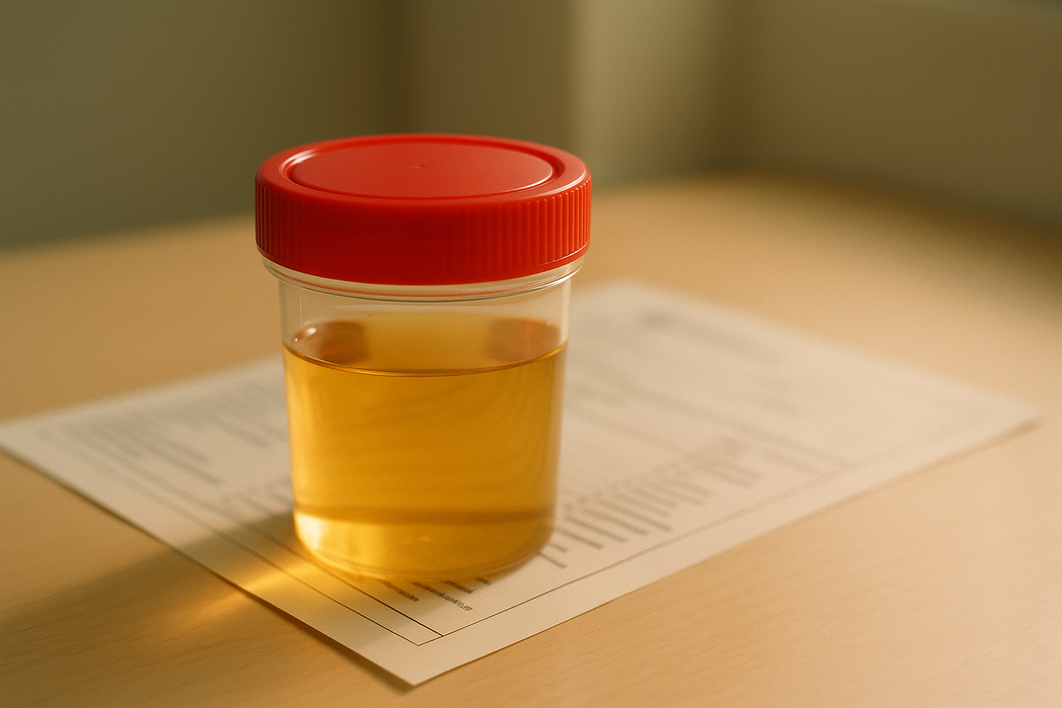 Muestra de análisis de orina en vaso de laboratorio transparente con luz natural matutina, sobre superficie de madera color crema, documentación médica difuminada al fondo, composición editorial cálida que transmite tranquilidad y confianza en los resultados clínicos cotidianos