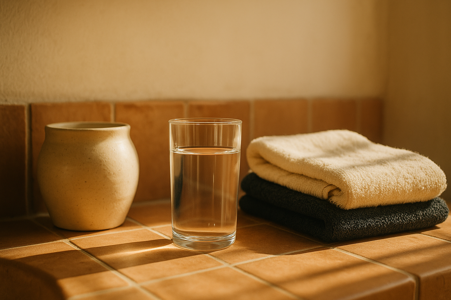 Fotografía editorial de salud realista: vaso de agua cristalina junto a toallas de algodón crema sobre mesada minimalista, luz natural de mañana mexicana, tonos navy y terracota, enfoque suave de profundidad reducida, composición serena que representa el equilibrio de proteínas en la sangre.