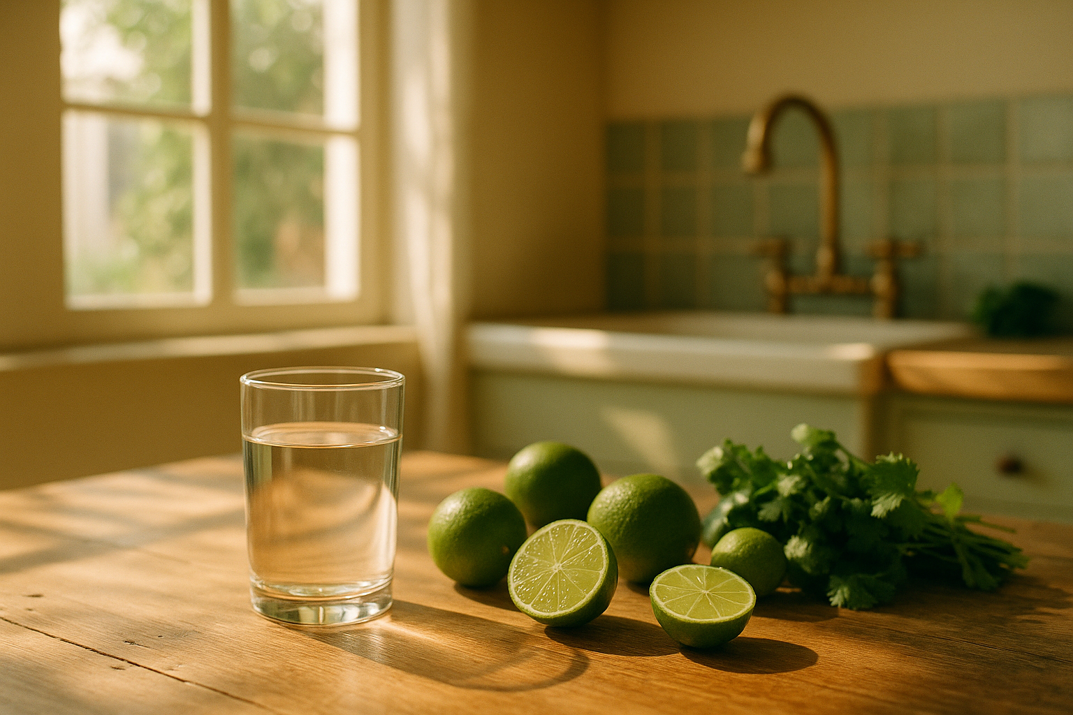 Escena de cocina mexicana con luz matutina natural, vaso de agua fresca con limón y hierbas aromáticas sobre mesa de madera, enfoque suave en elementos de bienestar y salud hepática, tonos cálidos y naturales