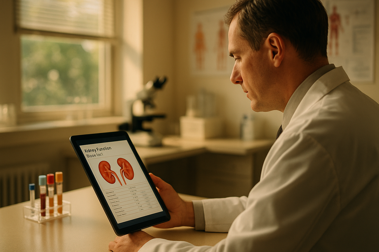 Médico en consultorio mexicano con luz natural matutina revisando análisis de sangre en tablet, escritorio con documentos de función renal, fondo suave desenfocado con equipamiento clínico, paleta crema, azul marino y terracota, composición editorial de salud renal