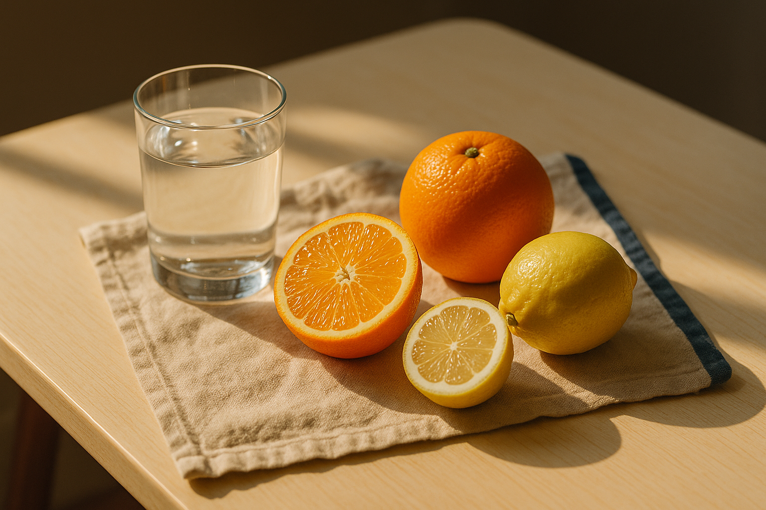 Escena matutina de bienestar en una mesa de madera clara: vaso de agua transparente, naranjas y limones frescos sobre una servilleta de lino natural, con luz dorada de la mañana mexicana creando sombras suaves, tonos crema, navy y terracota, enfoque editorial profesional que sugiere salud cardiovascular y equilibrio