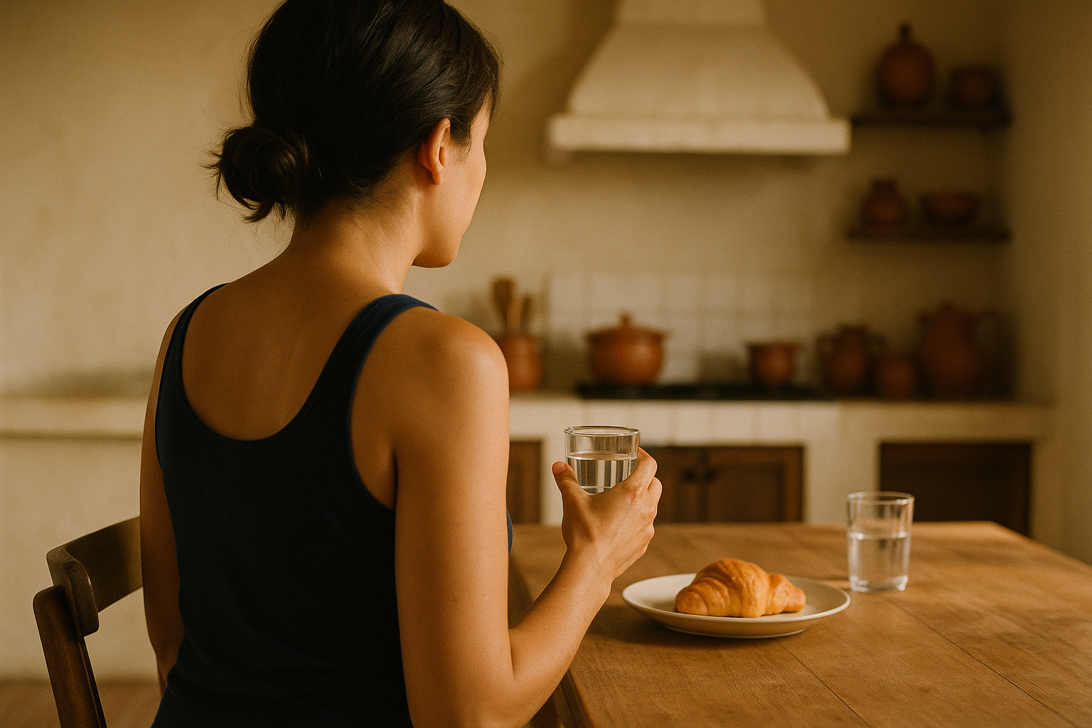 Mujer sentada de espaldas en una mesa de desayuno de madera, en una cocina mexicana cálida con luz natural de mañana, sosteniendo un vaso de agua con actitud serena. Tonos crema, terracota y madera. Composición editorial de bienestar y mindfulness matutino.