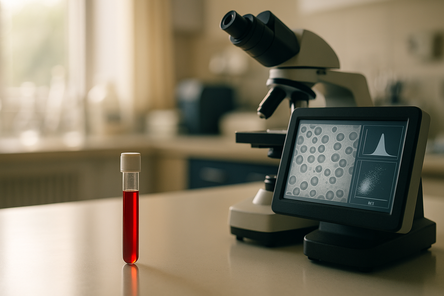 Fotografía editorial realista de un laboratorio de análisis clínico con luz natural matutina. Se ve un tubo de muestra de sangre bajo la luz de la mañana sobre una mesa de trabajo blanca, acompañado de una pantalla de microscopio digital mostrando datos de reticulocitos. Ambiente clínico cálido con tonos crema, azul marino y terracota. Composición editorial con profundidad natural, enfoque suave en equipos de laboratorio desenfocados al fondo. Tema mexicano de salud y bienestar.