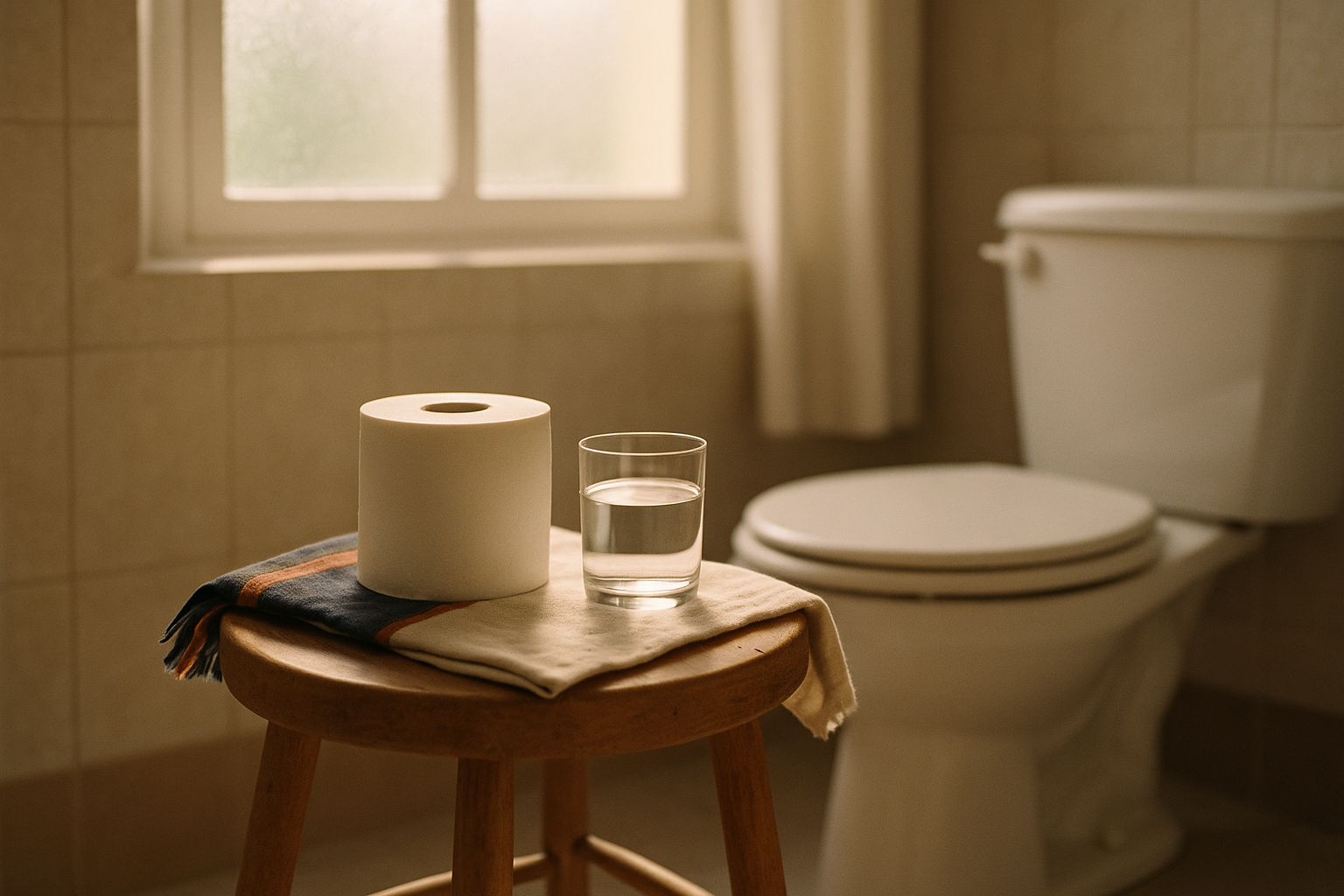 Fotografía editorial realista de un baño mexicano con luz natural matutina, donde se ve un rollo de papel higiénico blanco sobre un paño de lino crema, un vaso de agua clara y luz suave que penetra por la ventana. Paleta neutra con tonos tierra, composición editorial de bienestar y salud preventiva sin texto
