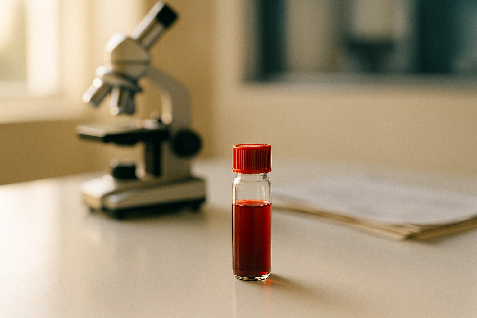 Muestra de sangre en un frasco de laboratorio bajo luz natural matutina, sobre mostrador clínico blanco, con equipamiento médico desenfocado al fondo. Imagen editorial que representa análisis de transferrina e hierro en sangre, estética mexicana de bienestar.