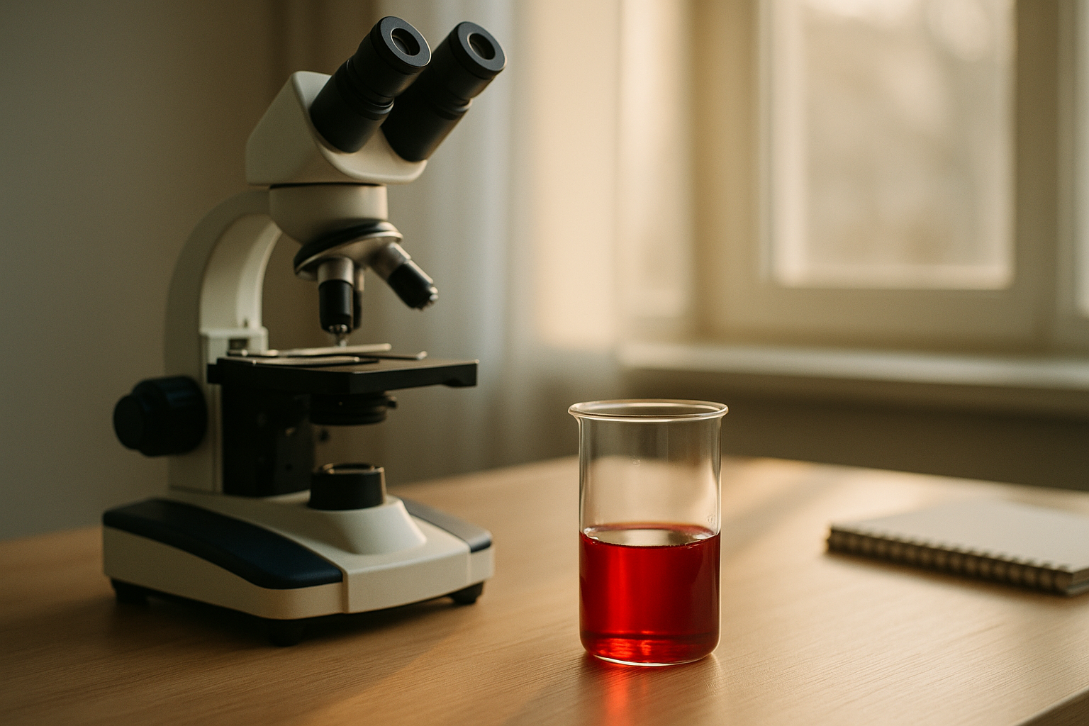 Fotografía editorial de microscopio de laboratorio sobre escritorio de madera clara, con un vaso de vidrio con muestra de sangre al lado, iluminado por luz natural de mañana que entra por la ventana, tonos navy, crema y madera natural, enfoque profesional pero cálido, sin manos visibles