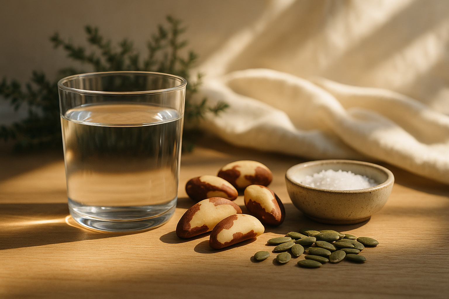 Mesa de bienestar minimalista con agua clara en vaso de vidrio, nueces de Brasil, semillas de calabaza y sal marina sobre madera natural, con hierbas aromáticas desenfocadas y luz natural matutina cálida, fotografía editorial de salud.