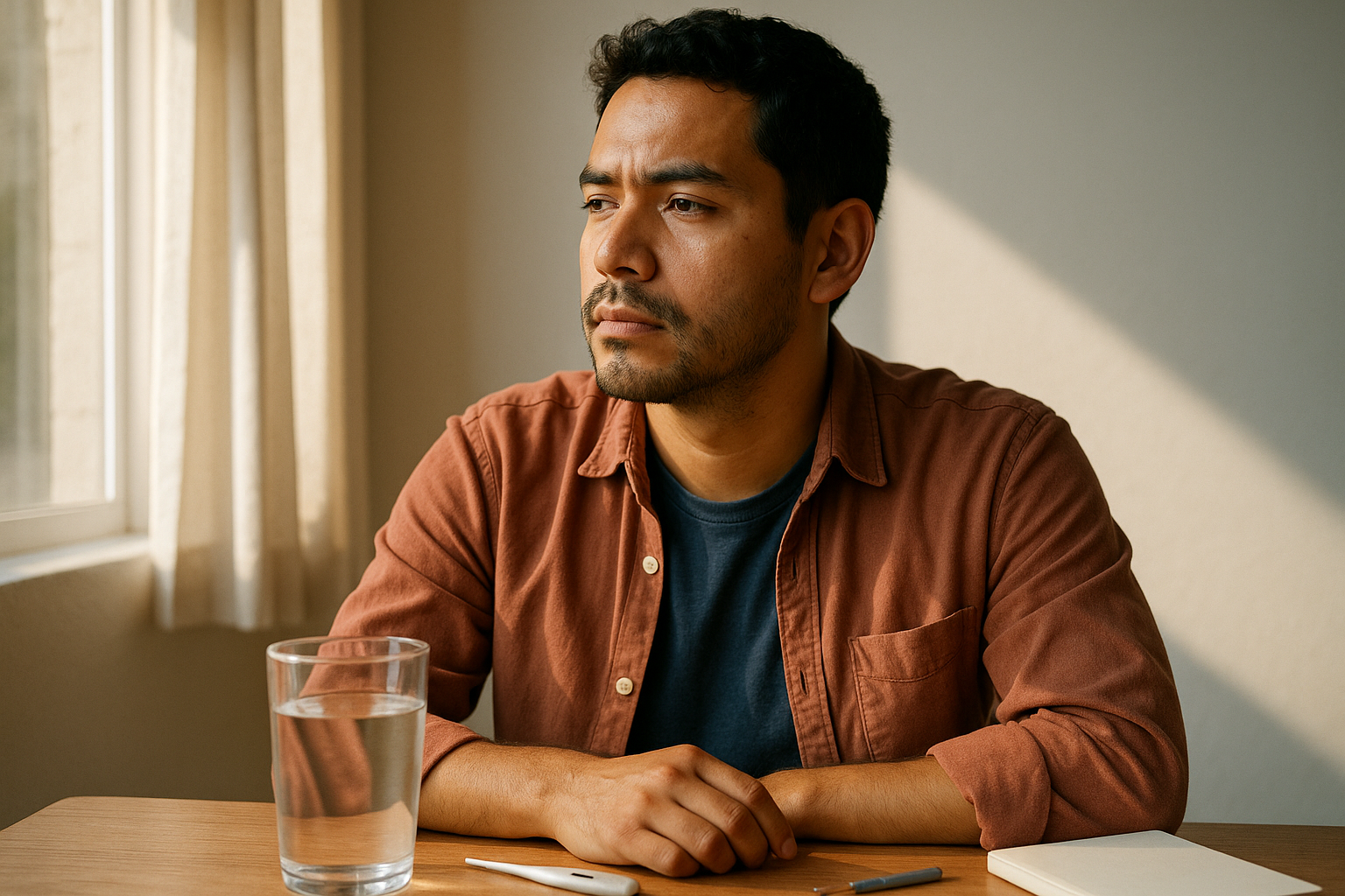Pareja mexicana joven en la sala de su casa, luz cálida por la ventana, conversando con tranquilidad