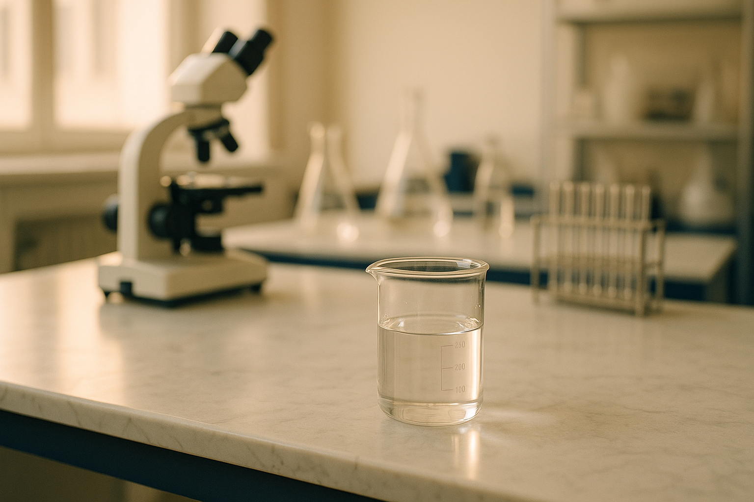 Fotografía editorial de un laboratorio moderno con luz natural de mañana, mostrando un recipiente de vidrio con líquido transparente sobre una superficie de mármol, equipo científico desenfocado al fondo, paleta de tonos crema y azul marino, ambiente profesional y cálido, sin texto ni marcas
