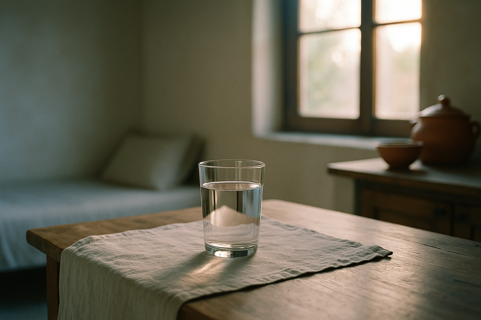 Escena matutina en hogar mexicano: vaso de agua transparente sobre mesa de madera con mantel de lino, luz natural suave entrando por ventana, fondo desenfocado con tonos neutros y detalles de cerámica terracota, atmósfera tranquila y de bienestar relacionada con el equilibrio electrolítico