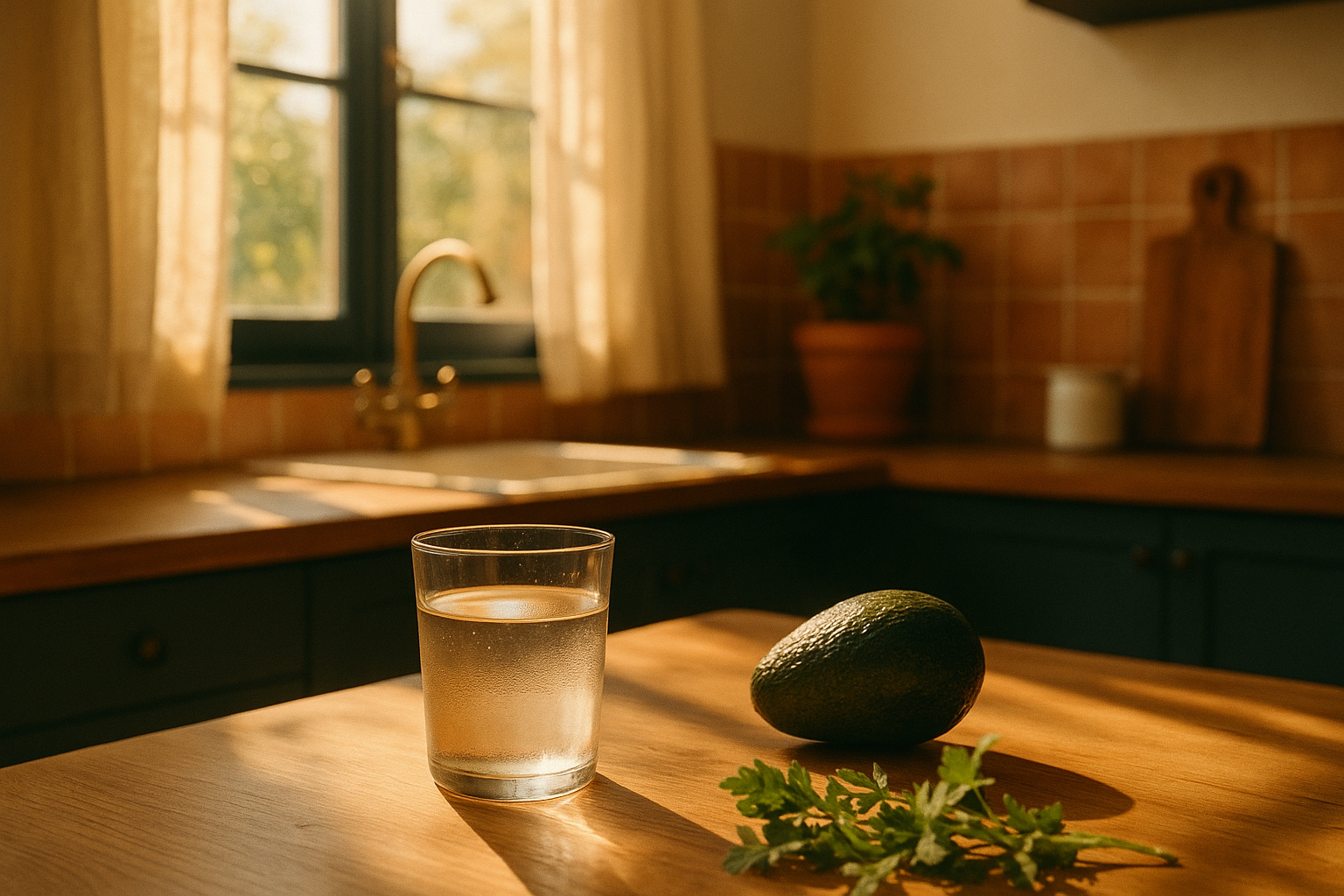 Luz cálida de mañana ilumina una mesa de madera en una cocina mexicana moderna. Un vaso de agua fresca con gotitas de condensación brilla en primer plano, acompañado de aguacate fresco y hierbas aromáticas verdes. La composición evoca vitalidad natural y metabolismo activado, capturando el bienestar matutino con tonos crema, azul marino y terracota.