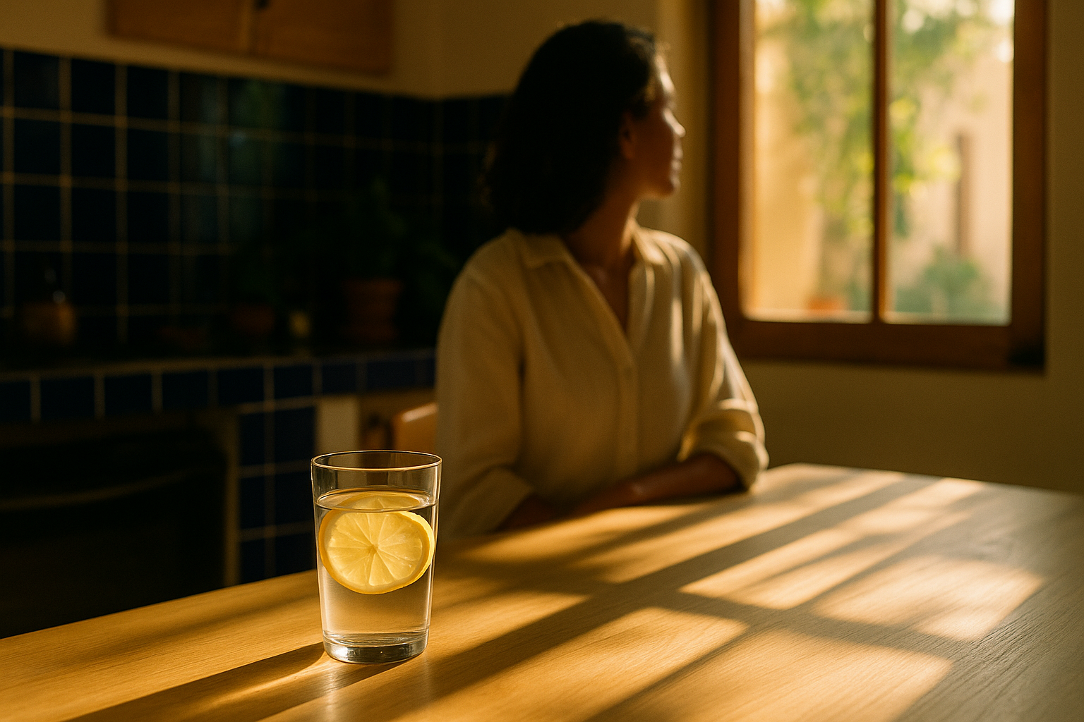 Escena de bienestar matutino en una cocina mexicana iluminada, con un vaso de agua con limón sobre una mesa de madera clara. Luz dorada de la mañana entra por la ventana, creando sombras dramáticas. Una mujer de espaldas con camisa de lino crema reposa en la mesa, ligeramente desenfocada. Azulejos navy tradicionales mexicanos visibles al fondo. Atmósfera tranquila y energética que evoca vitalidad matutina y bienestar metabólico.