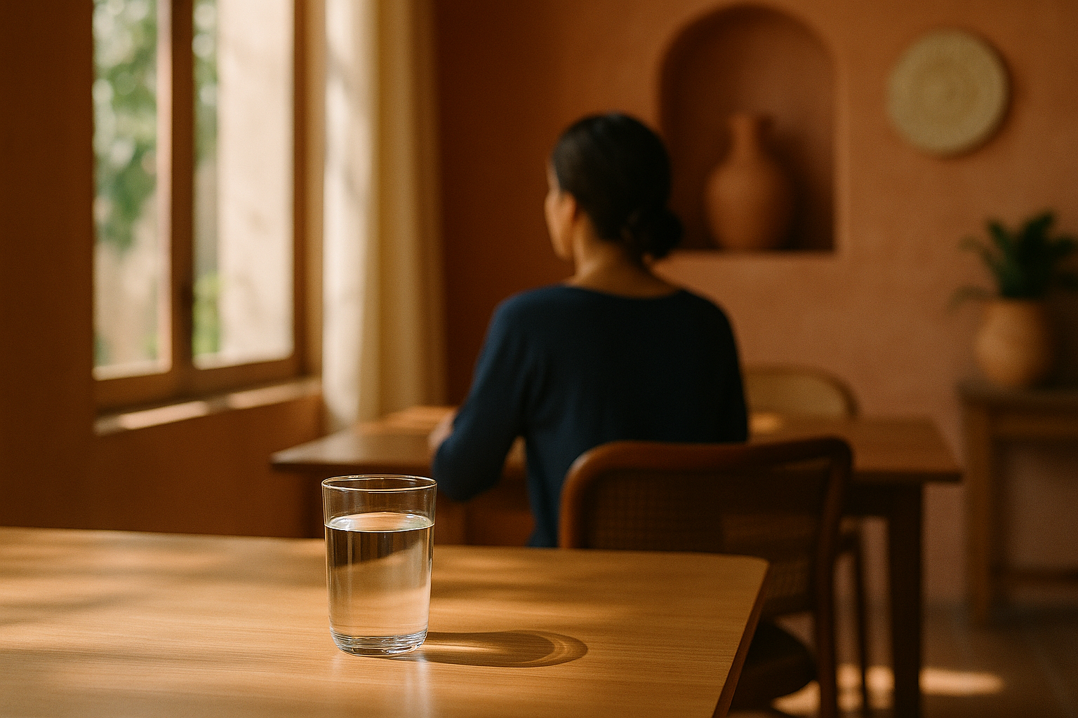 Fotografía editorial realista de una mañana tranquila en un hogar mexicano: luz natural suave entra por una ventana, iluminando un vaso de agua cristalina sobre una mesa de madera minimalista. Al fondo desenfocado, una persona sentada de espaldas en actitud contemplativa. Tonos crema, terracota y navy. Profundidad de campo somera, sin texto ni logos.