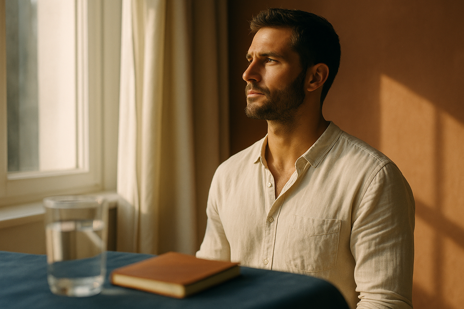Hombre adulto de mediana edad en primer plano suave, iluminado por luz natural de mañana junto a una ventana, vistiendo camisa de lino color crema, con expresión reflexiva. Ambiente hogareño y cálido con tonos navy y terracota, vaso de agua desenfocado en primer plano, atmósfera editorial de salud y bienestar mexicano, sin clínica fría, sin gestos con manos, luz dorada y natural