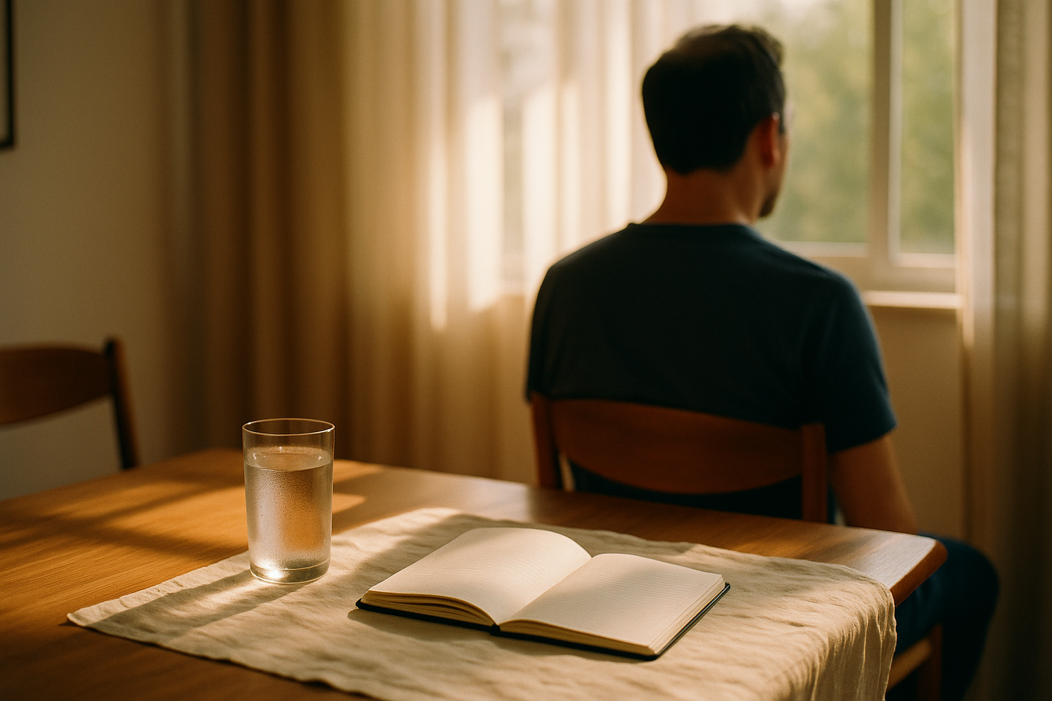 Hombre adulto de espaldas en mesa de madera al amanecer, junto a vaso de agua y libreta de salud, luz natural cálida que entra por ventana, tonos crema y navy, atmósfera de bienestar y vitalidad masculina, fotografía editorial editorial estilo mexicano contemporáneo