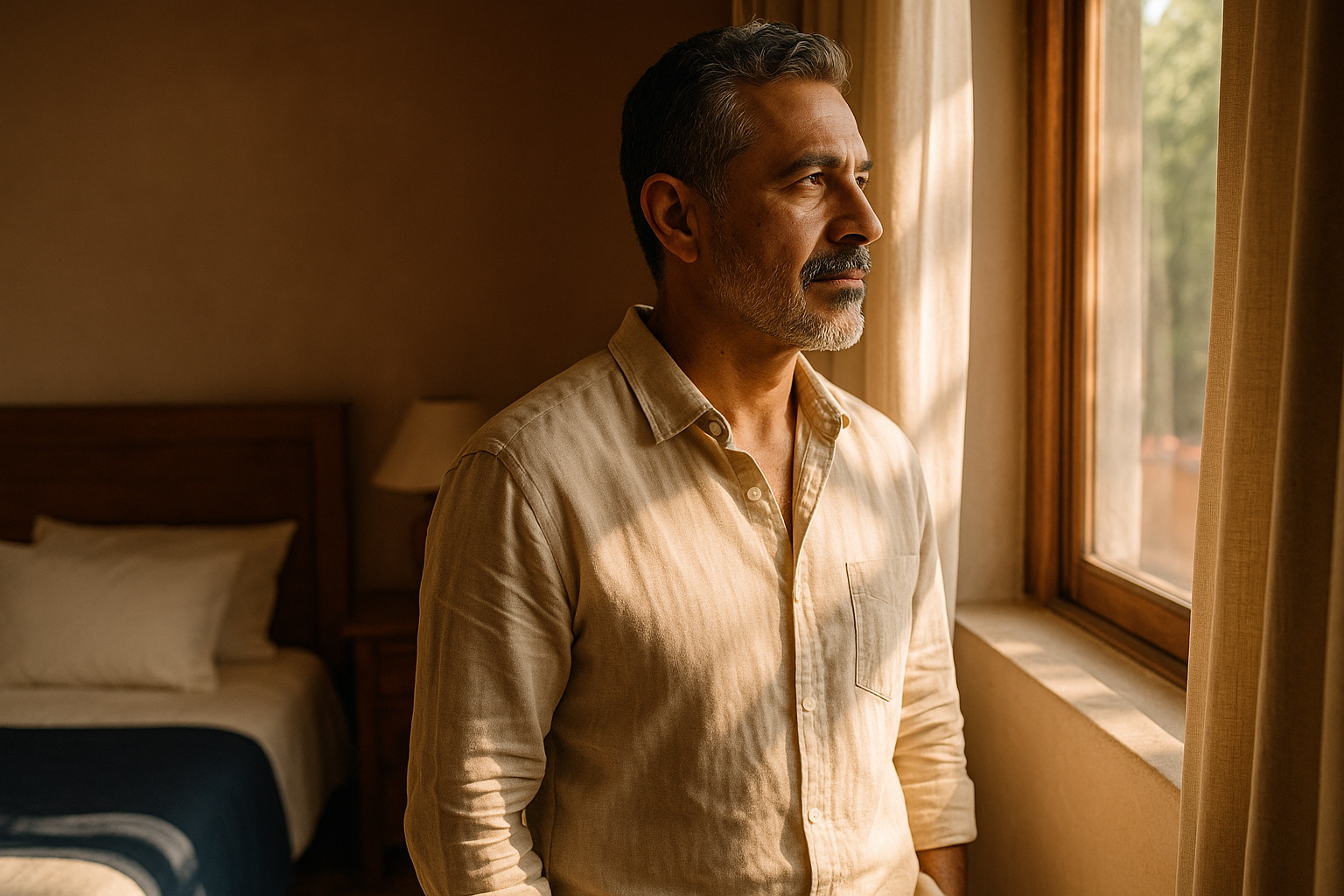 Hombre maduro mexicano de mediana edad en su habitación cálida al amanecer, iluminado por luz natural que entra por la ventana, usando una camisa de lino neutral, captado de perfil a media distancia con expresión de vitalidad y confianza serena. La luz dorada de la mañana ilumina muebles de madera y ropa de cama en tonos navy y crema, creando sombras suaves que transmiten energía vital y bienestar masculino.