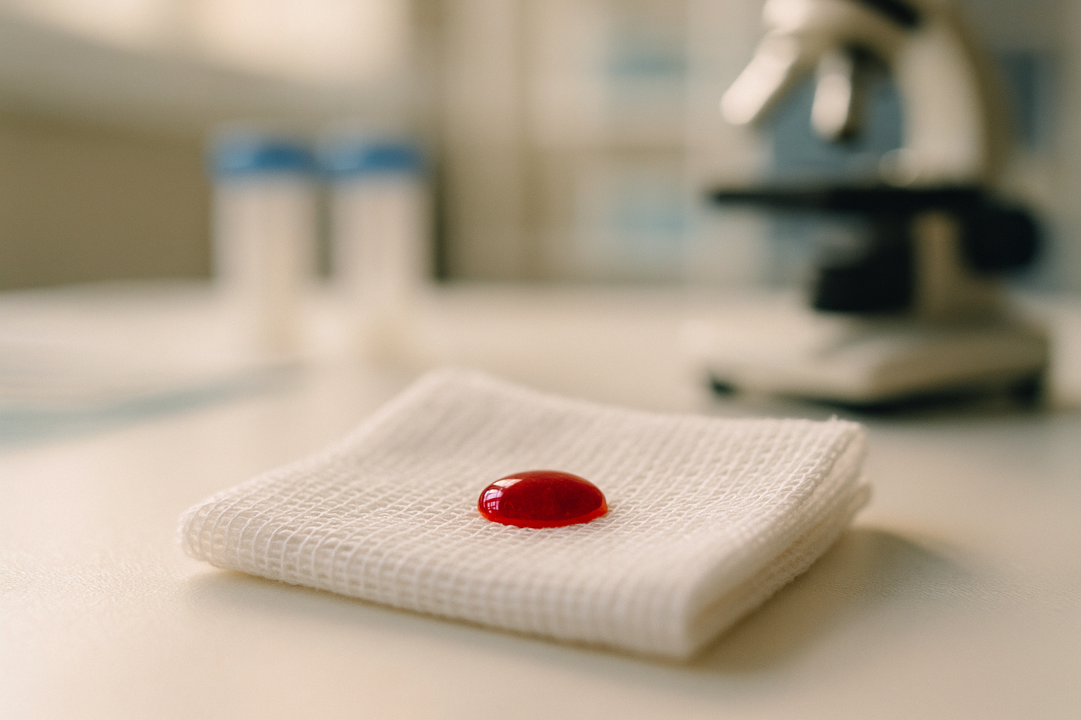 Fotografía editorial de una gota de sangre en gasa médica blanca, iluminada con luz natural matutina, en ambiente de laboratorio clínico profesional mexicano, que representa el biomarcador de tiempo de sangrado