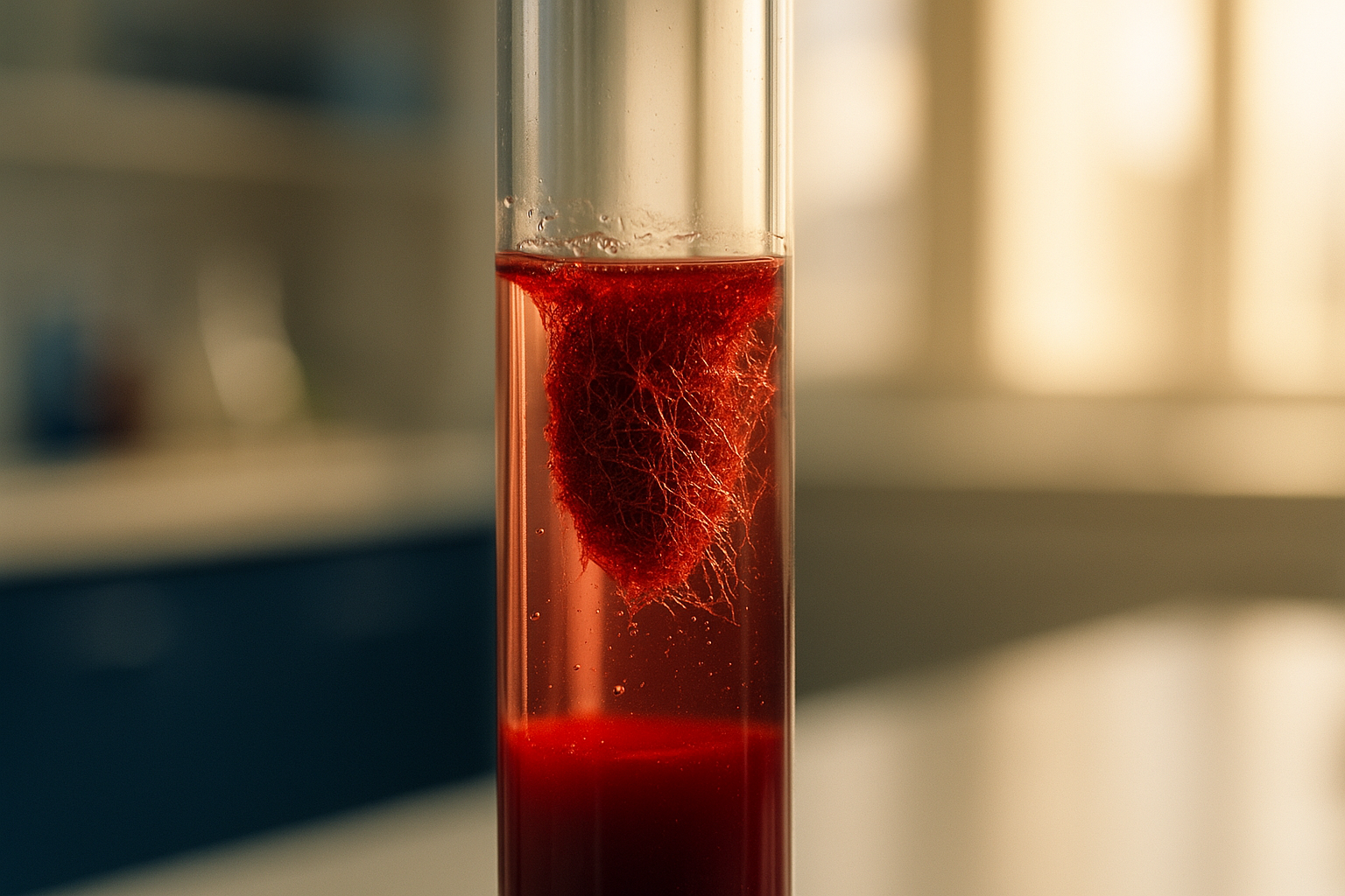 Tubo de ensayo de laboratorio con muestra de sangre formando un coágulo delicado bajo luz natural matutina cálida, enfoque editorial mexicano, fotografía realista de alta calidad que muestra el proceso final de coagulación y conversión de fibrinógeno a coágulo