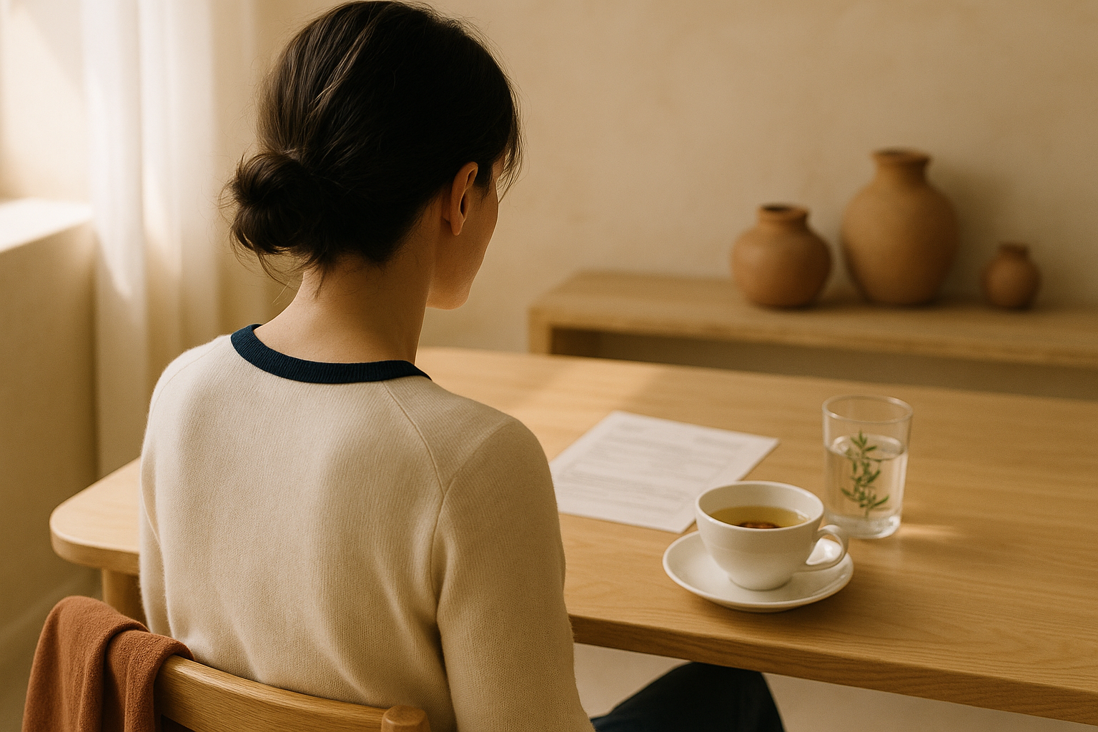Mujer vista de espaldas sentada en una mesa de madera natural con luz natural de mañana, taza de té herbal y vaso de agua. Composición cálida con tonos crema, navy y terracota. Interior hogareño mexicano con cerámica artesanal de fondo desenfocado. Fotografía editorial de bienestar y salud tiroidea.