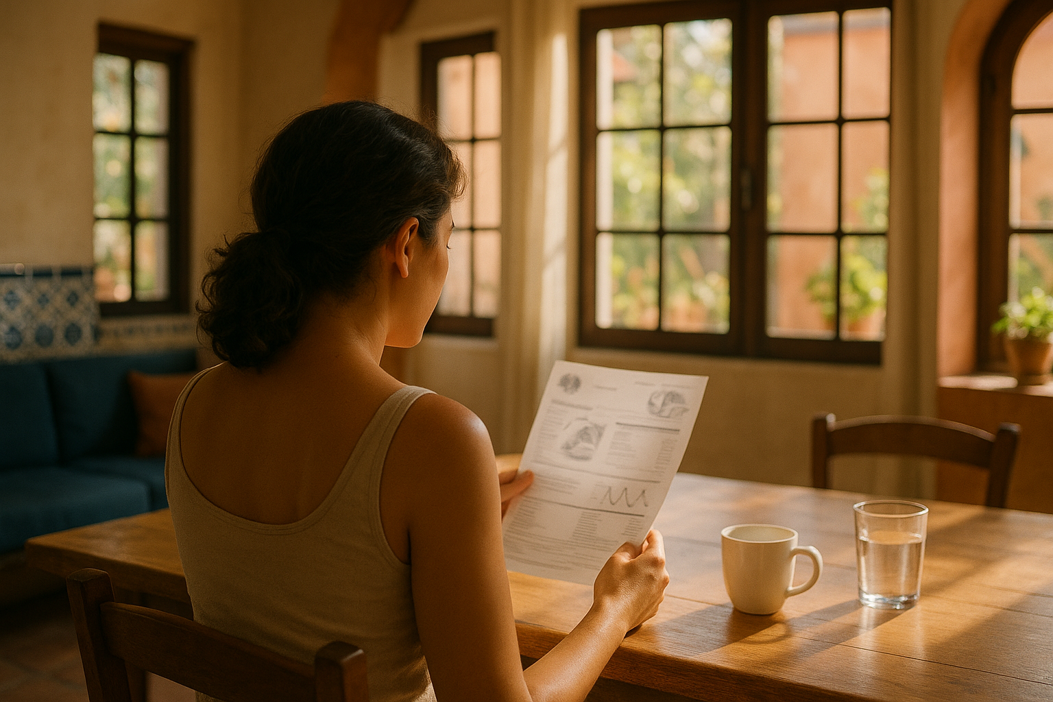 Mujer sentada de espaldas en una mesa de madera clara con luz matutina natural, sosteniendo discretamente un reporte médico, taza de café blanca y vaso de agua sobre la mesa, ambiente hogareño mexicano tranquilo, tonos crema, navy y terracota, fotografía editorial cálida de bienestar y claridad médica