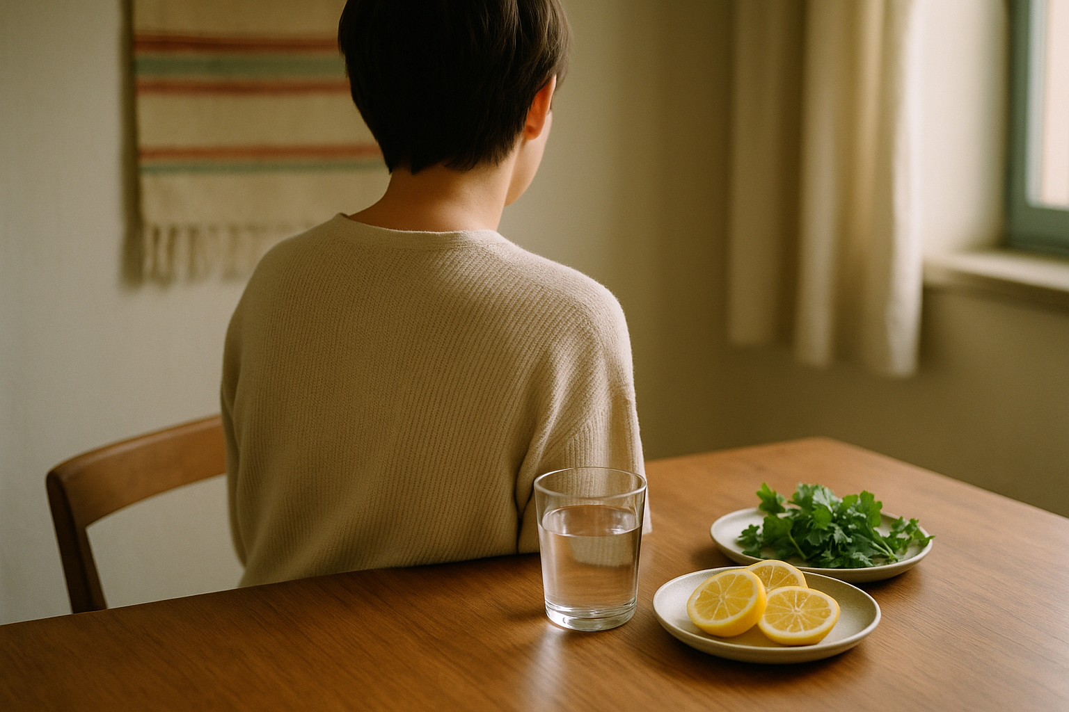 Persona de espaldas sentada en una mesa de madera cálida durante la luz matutina, con un vaso de agua cristalina, rodajas de limón fresco y hierbas aromáticas mexicanas (cilantro, perejil) delicadamente arregladas en platos de cerámica. Fotografía editorial de bienestar con paleta cálida de tonos crema, verde salvia y terracota suave, luz natural filtrada desde una ventana lateral, ambiente sereno de hogar mexicano tradicional.
