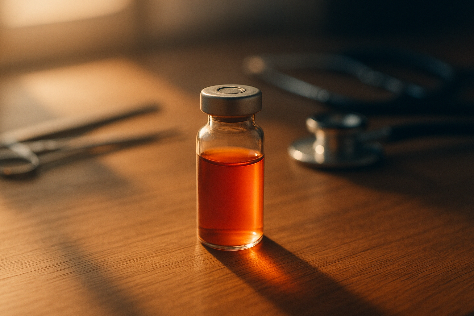 Frasco de vidrio con muestra de sangre rojo profundo bajo luz natural de la mañana, reposando sobre madera clara de mesa de laboratorio, con instrumentos médicos desenfocados al fondo, tonos cálidos crema y azul marino, atmósfera serena y científica que evoca confianza en los análisis de salud mexicanos