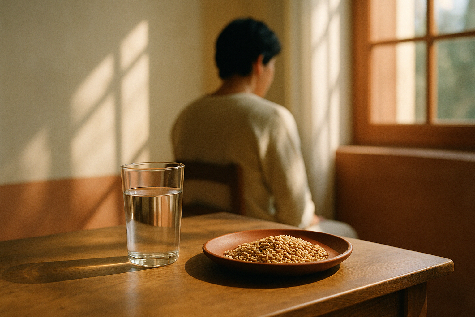 Escena matutina con persona de espaldas junto a ventana luminosa, mesa de madera con vaso de agua y alimentos integrales en luz natural cálida. Paredes crema y sombras azul marino, acentos terracota. Fotografía editorial mexicana que evoca bienestar silencioso y nutrición consciente, sin rostro en primer plano.