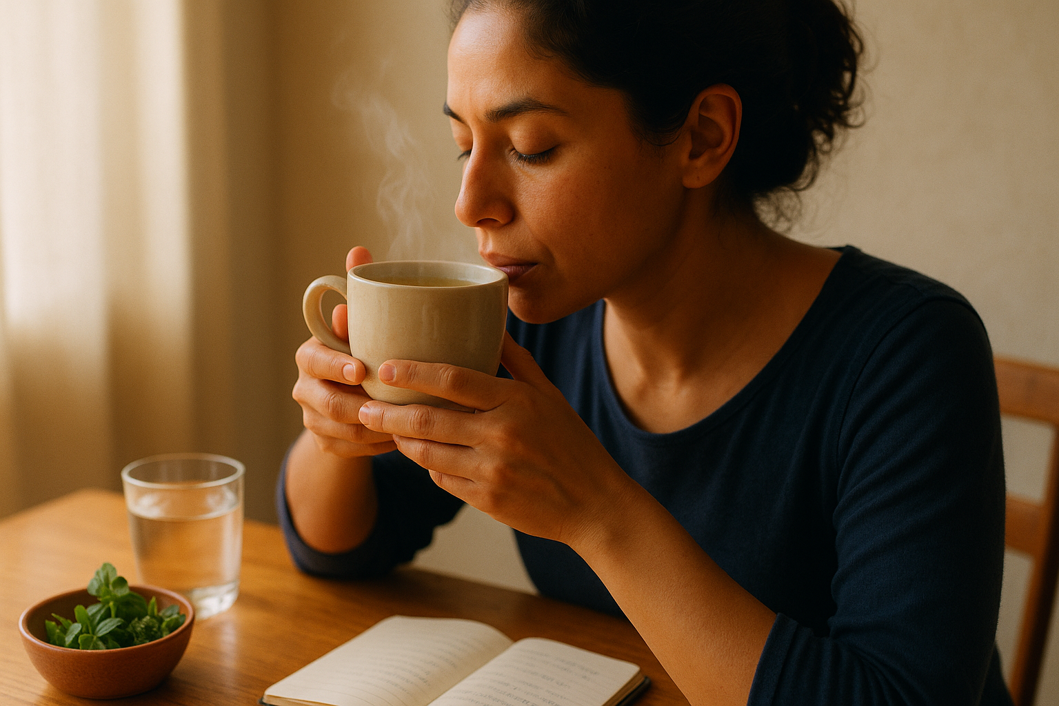 Mujer en perfil en una mesa de madera cálida tomando té de hierbas medicinales con luz natural matutina, rodeada de ingredientes naturales y un vaso de agua pura, en una composición editorial de bienestar con tonos crema y terracota que sugiere energía y metabolismo equilibrado.