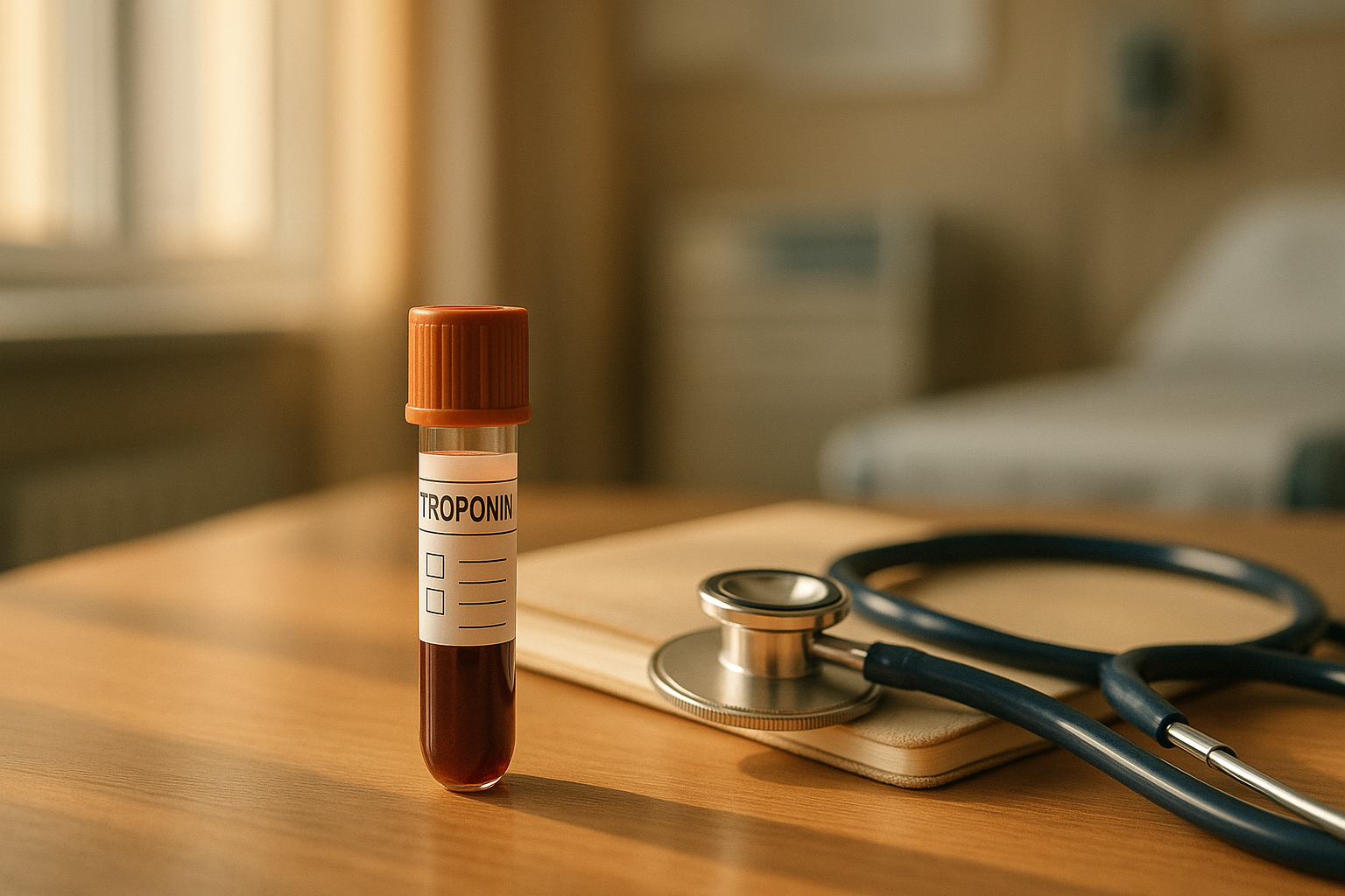 Fotografía editorial de un tubo de ensayo con prueba de troponina junto a un estetoscopio sobre escritorio de madera, iluminado por luz natural de mañana en tonos crema y navy, sin texto ni marcas, composición lifestyle de bienestar médico con enfoque mexicano en salud del corazón