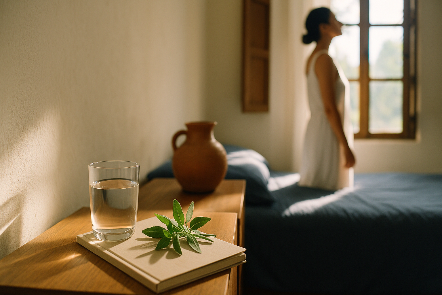 Interior hogareño mexicano con luz natural de la mañana, vaso de agua cristalina sobre una mesa de madera junto a hierbas frescas y una vela terracota, personas de espaldas mirando hacia la ventana con expresión serena y contemplativa, tonos crema, navy y terracota naturales, fotografía editorial de bienestar y salud hormonal