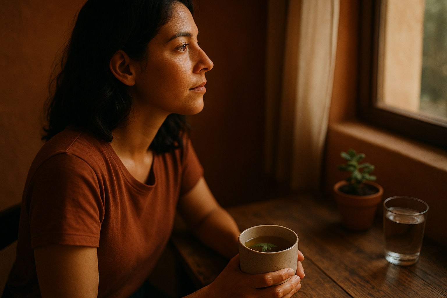 Mujer mexicana sentada frente a una ventana con luz natural de mañana, sosteniendo una taza de té de hierbas en una mesa de madera rústica. Ambiente cálido y hogareño con tonos terracota y navy, transmitiendo bienestar y reflexión sobre la salud de la tiroides y el cansancio cotidiano.