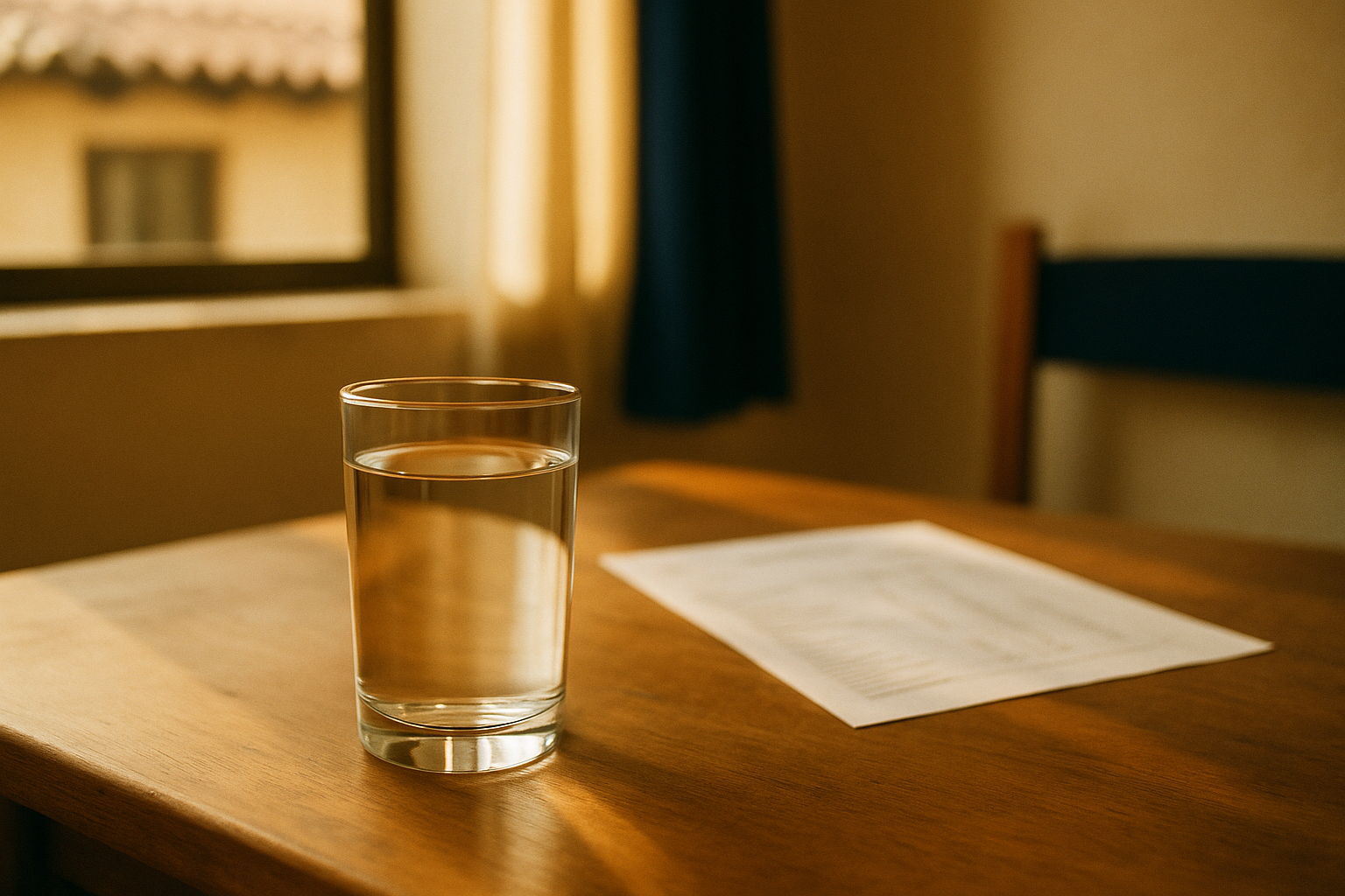 Mesa de madera rústica con luz natural de mañana, vaso de agua cristalina en primer plano y resultados de análisis médicos desenfocados al fondo, tonos tierra y crema, composición serena de bienestar y cuidado renal en contexto mexicano