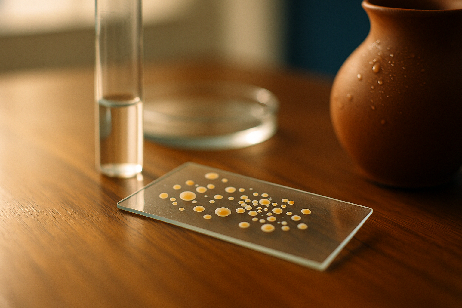 Primer plano de una laminilla de microscopio con cultivo bacteriano bajo luz matutina suave, frasco de laboratorio desenfocado en tonos crema y azul marino, recipiente de barro mexicano al fondo con gotas de agua, ambiente clínico pero cálido y accesible, sin texto ni marcas