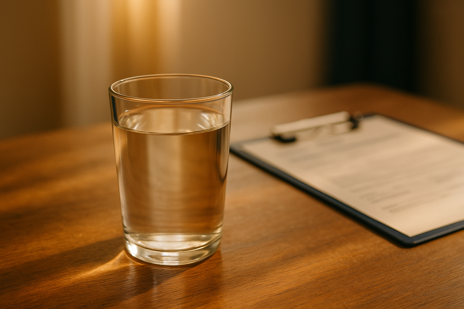 Primer plano fotorrealista de un vaso de agua clara sobre mesa de madera en luz matinal cálida, fondo desenfocado con documentos médicos borrosos, paleta crema y azul marino, composición minimalista y tranquila, luz natural de ventana mexicana, fotografía editorial de estilo profesional