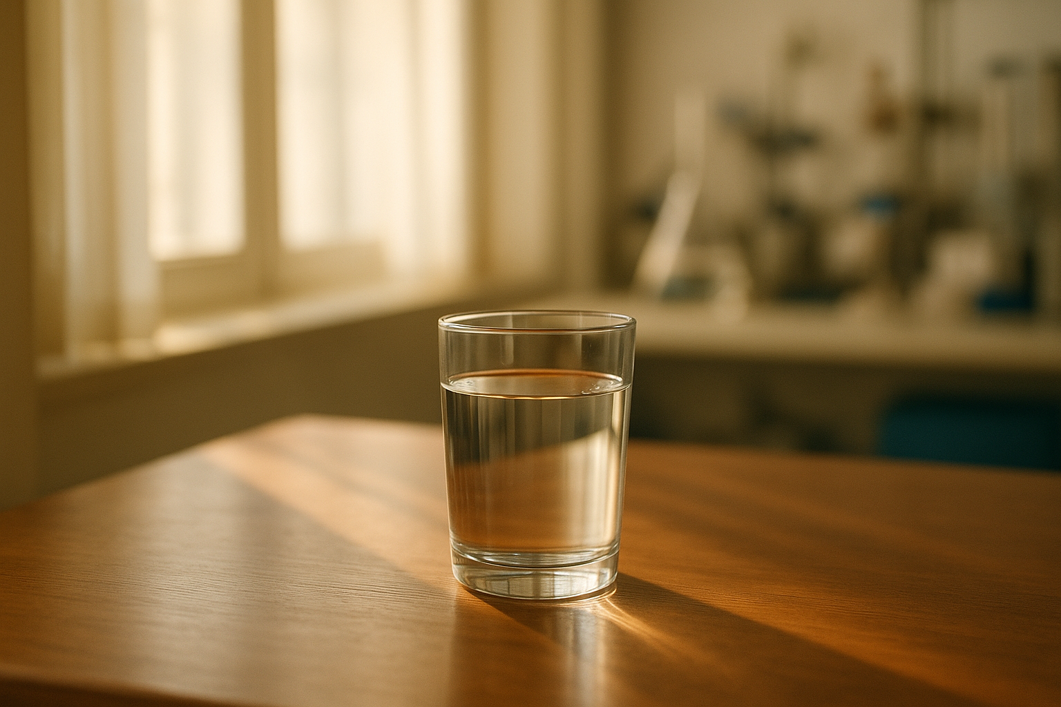 Escena matutina de bienestar en una mesa de madera con un vaso de agua cristalina iluminado por luz natural suave, representando la idea de marcadores inflamatorios que fluctúan naturalmente en el cuerpo, con enfoque editorial mexicano y paleta de tonos crema, azul marino y terracota.