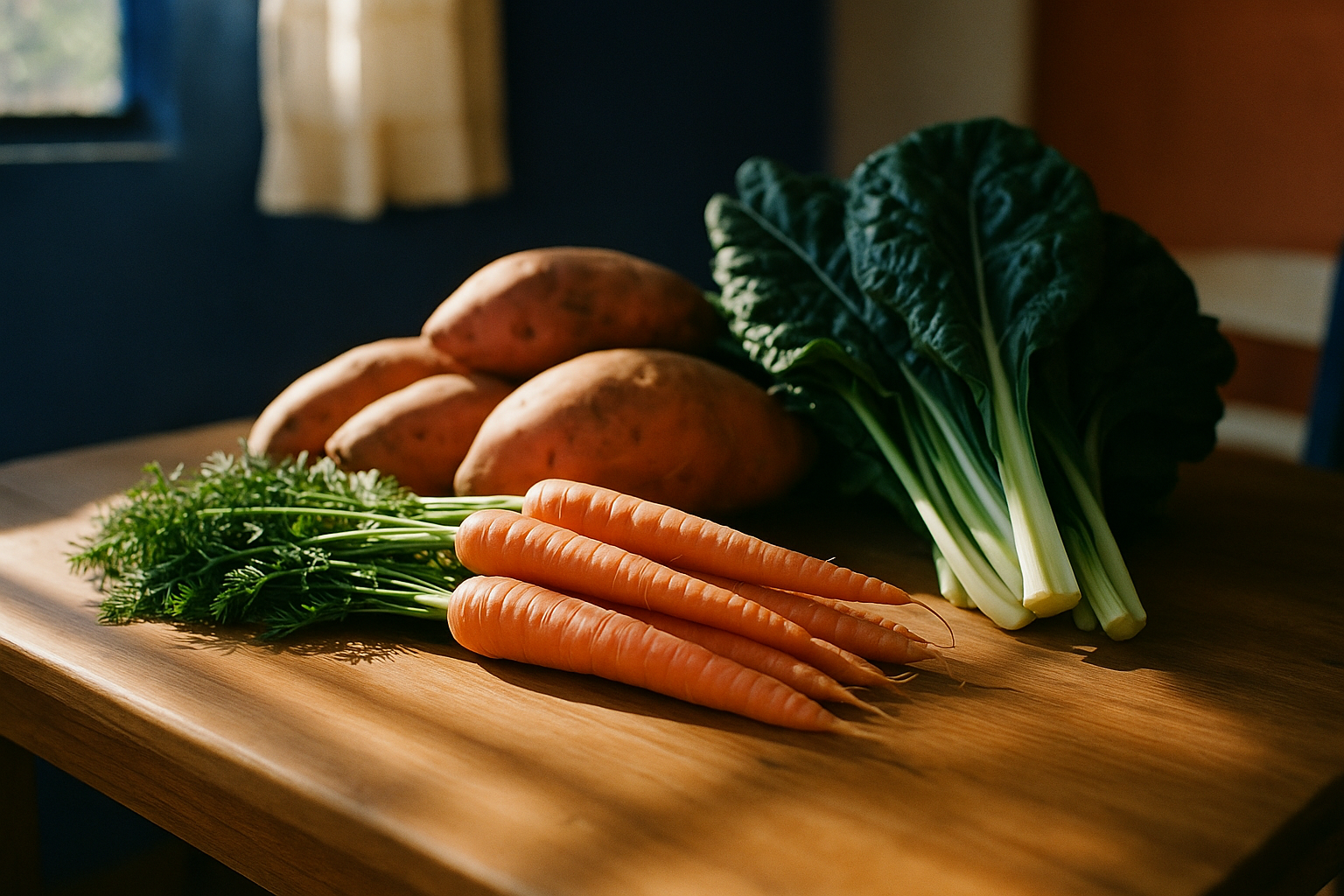Fotografía editorial de zanahorias frescas, camotes y vegetales de hoja verde oscura sobre una mesa de madera cálida con luz natural de mañana, tonos terracota y navy, estilo de cocina mexicana tradicional, enfoque suave y profesional para contenido de bienestar y salud visual