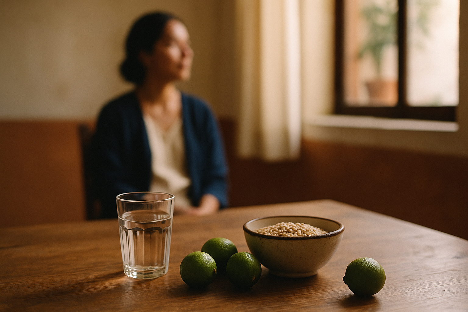 Escena matutina en una cocina mexicana con luz natural suave: mesa de madera con un vaso de agua, granos integrales en un cuenco de cerámica y limas frescas. Una persona difuminada de fondo junto a la ventana. Atmósfera de bienestar y vitalidad con tonos crema, azul marino y terracota. Fotografía editorial de wellness que transmite recuperación de energía y claridad mental.