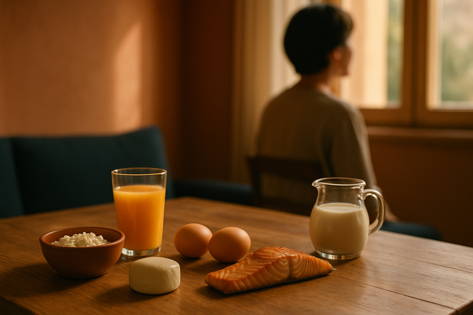 Mesa de madera con luz natural de mañana, vaso de jugo de naranja fresco, alimentos ricos en vitamina B12 (salmón cocido, huevos frescos, lácteos), escena de bienestar hogareño con tonos terracota y azul marino, fotografía editorial cálida sin texto ni logos