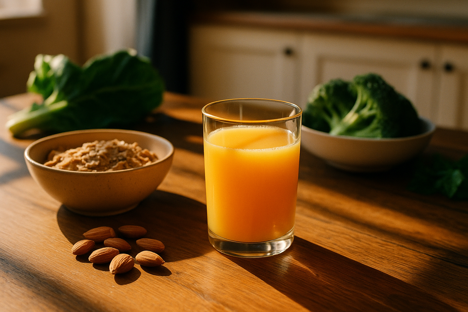 Mesa de madera con luz natural de mañana mostrando un vaso de jugo de naranja fresco, granos integrales y almendras dispersas. Verduras verdes desenfocadas al fondo. Tonos cálidos de crema y terracota con sombras en azul marino. Fotografía editorial mexicana que evoca energía natural y vitalidad cotidiana.
