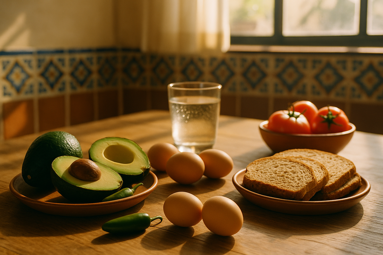 Mesa de madera rústica mexicana con luz natural de mañana, ingredientes frescos (aguacate, huevos, chile, pan integral, tomates), vaso de agua cristalina. Fondo desenfocado con azulejos tradicionales mexicanos. Composición editorial cálida en tonos crema, terracota y azul marino, transmitiendo bienestar y nutrición ancestral.