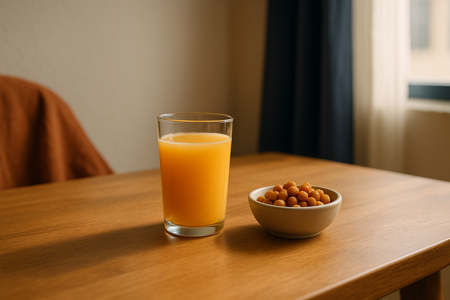 Escena matutina en una mesa de madera clara con un vaso de jugo de naranja recién exprimido y un pequeño recipiente de garbanzos tostados, iluminados por luz natural suave de la mañana que entra por la ventana, con tonos crema y azul marino, ambiente tranquilo y hogareño que sugiere el cuidado diario del sistema nervioso, fotografía editorial cálida y auténtica sin textos ni logos